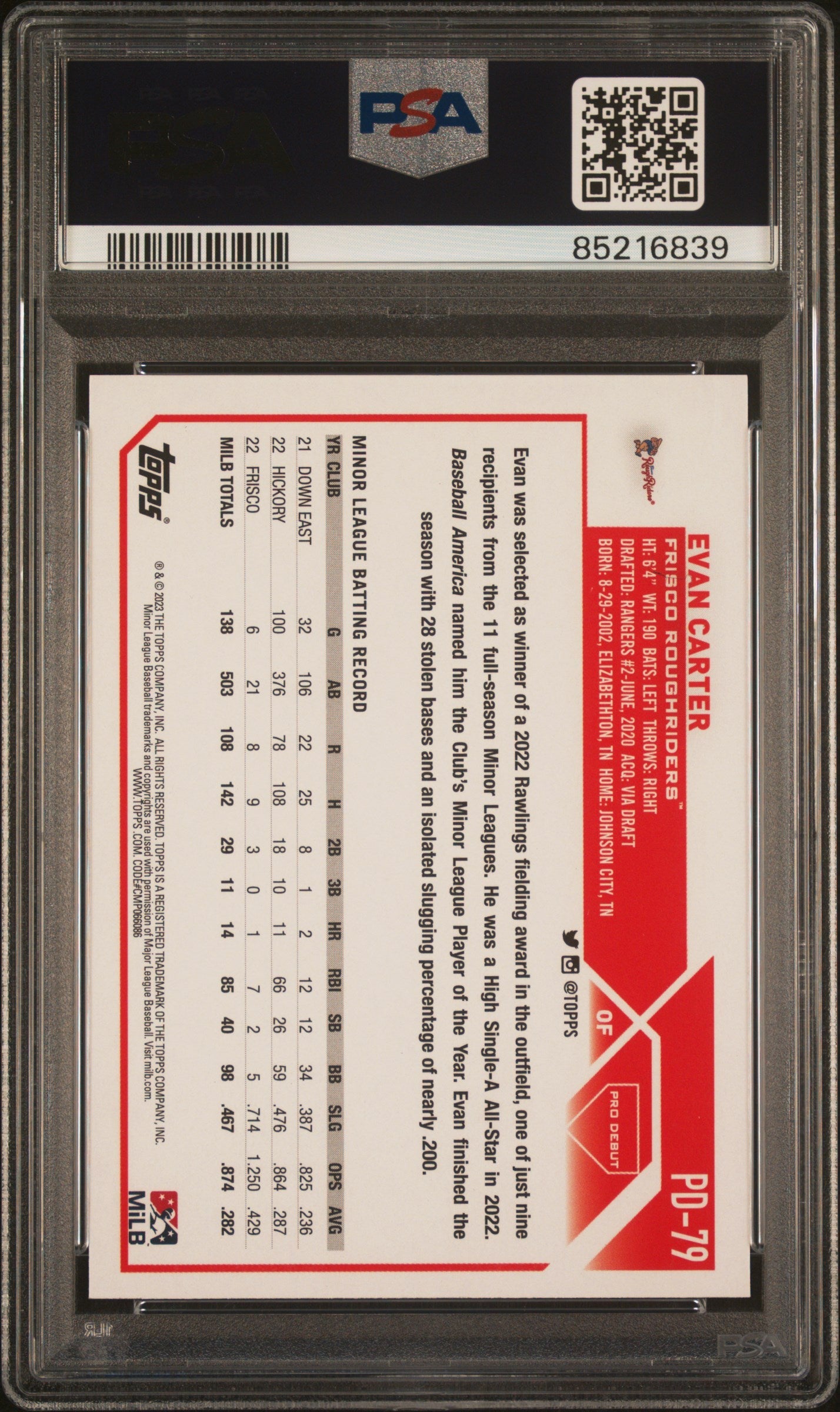 Graded 2023 Topps Pro Debut Evan Carter #PD79 Rookie RC Baseball Card PSA 10 Gem Mint