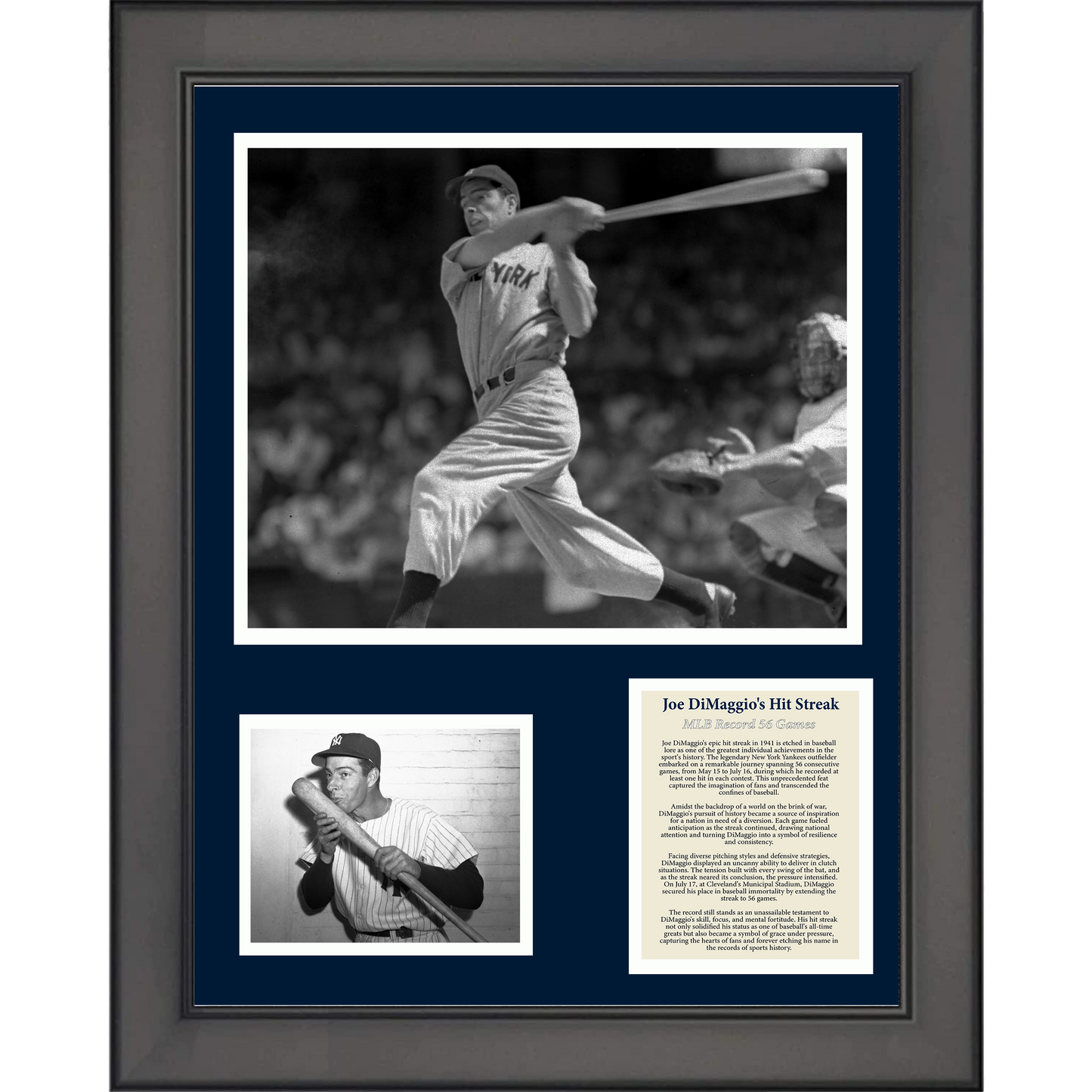 Framed Joe DiMaggio MLB Record 56 Game Hit Streak New York Yankees Baseball 11"x14" Three Photo Collage