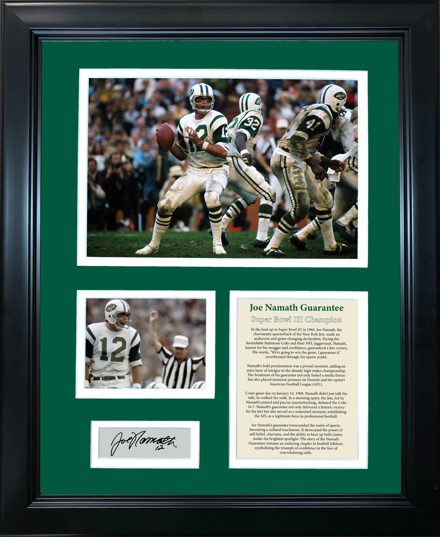 Framed Joe Namath Guarantee Super Bowl III Champion Facsimile Laser Engraved Signature Auto New York Jets 11"x14" Football Photo Sig Collage