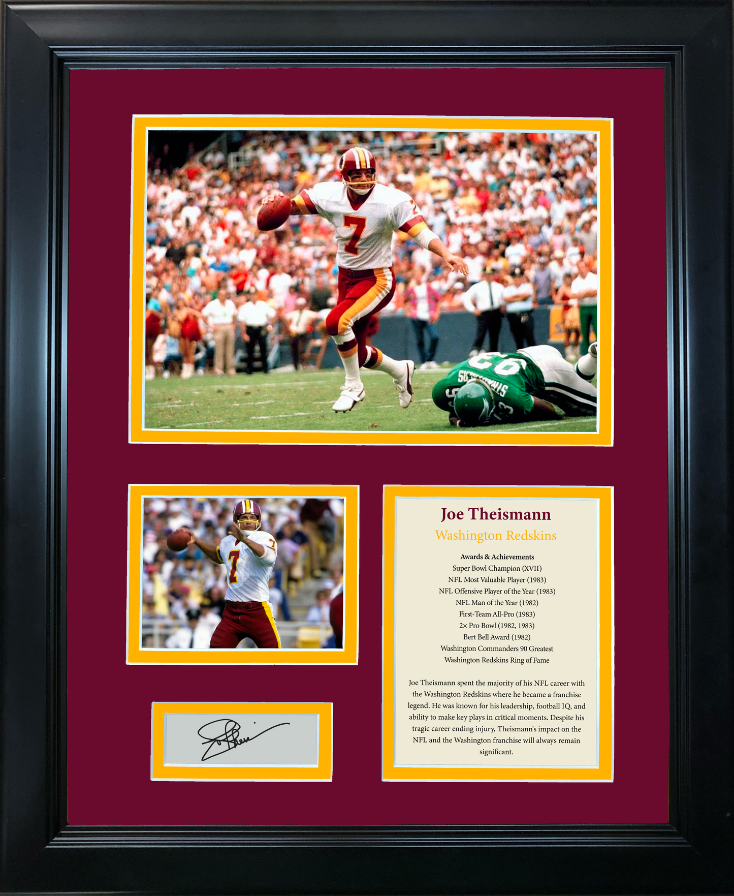 Framed Joe Theismann Facsimile Laser Engraved Signature Auto Washington Football 11"x14" Photo Sig Collage