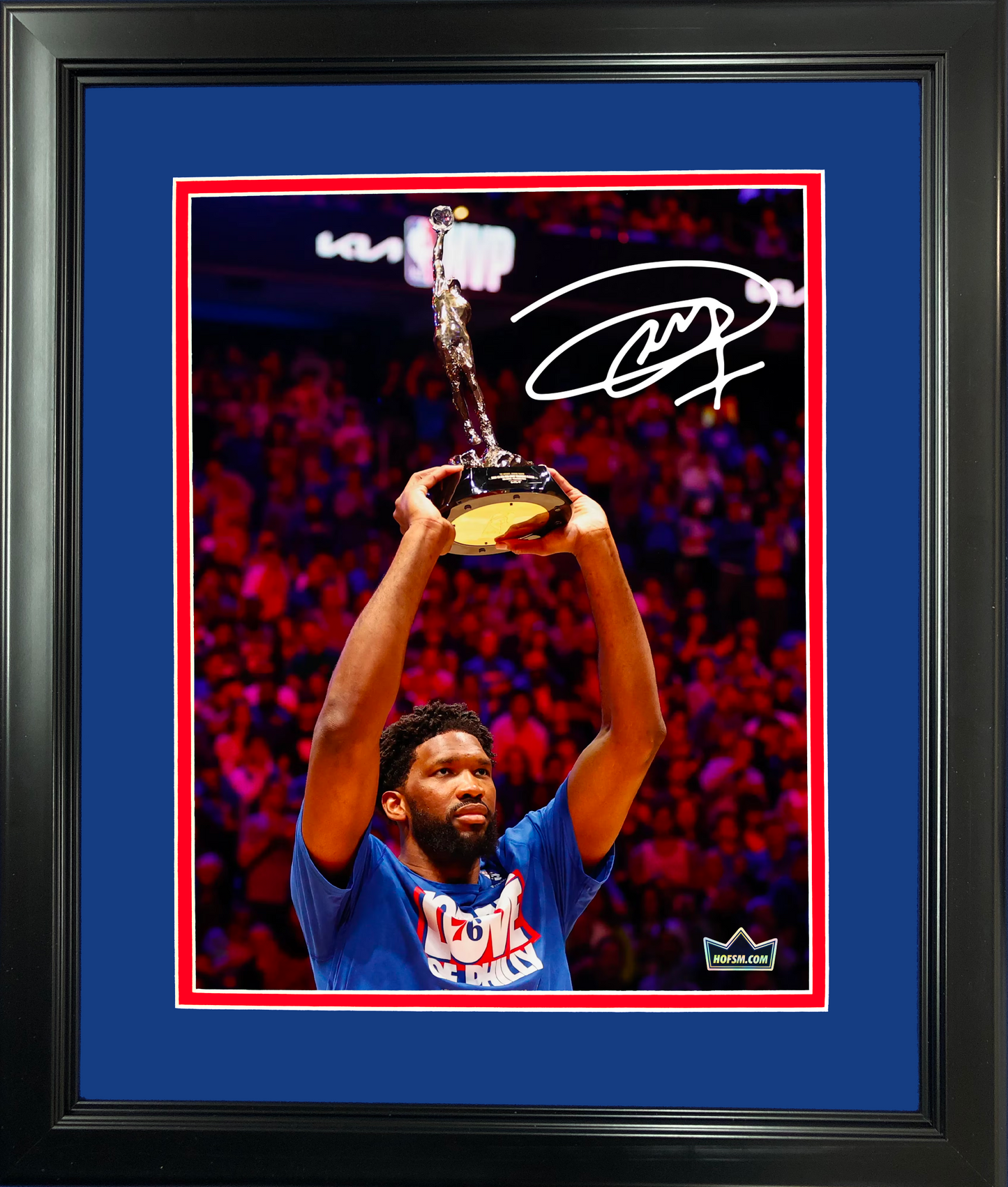 Framed Joel Embiid 2023 NBA MVP Trophy Philadelphia 76ers Facsimile Laser Engraved Signature Auto 11"x14" Basketball Photo HOFSM Holo