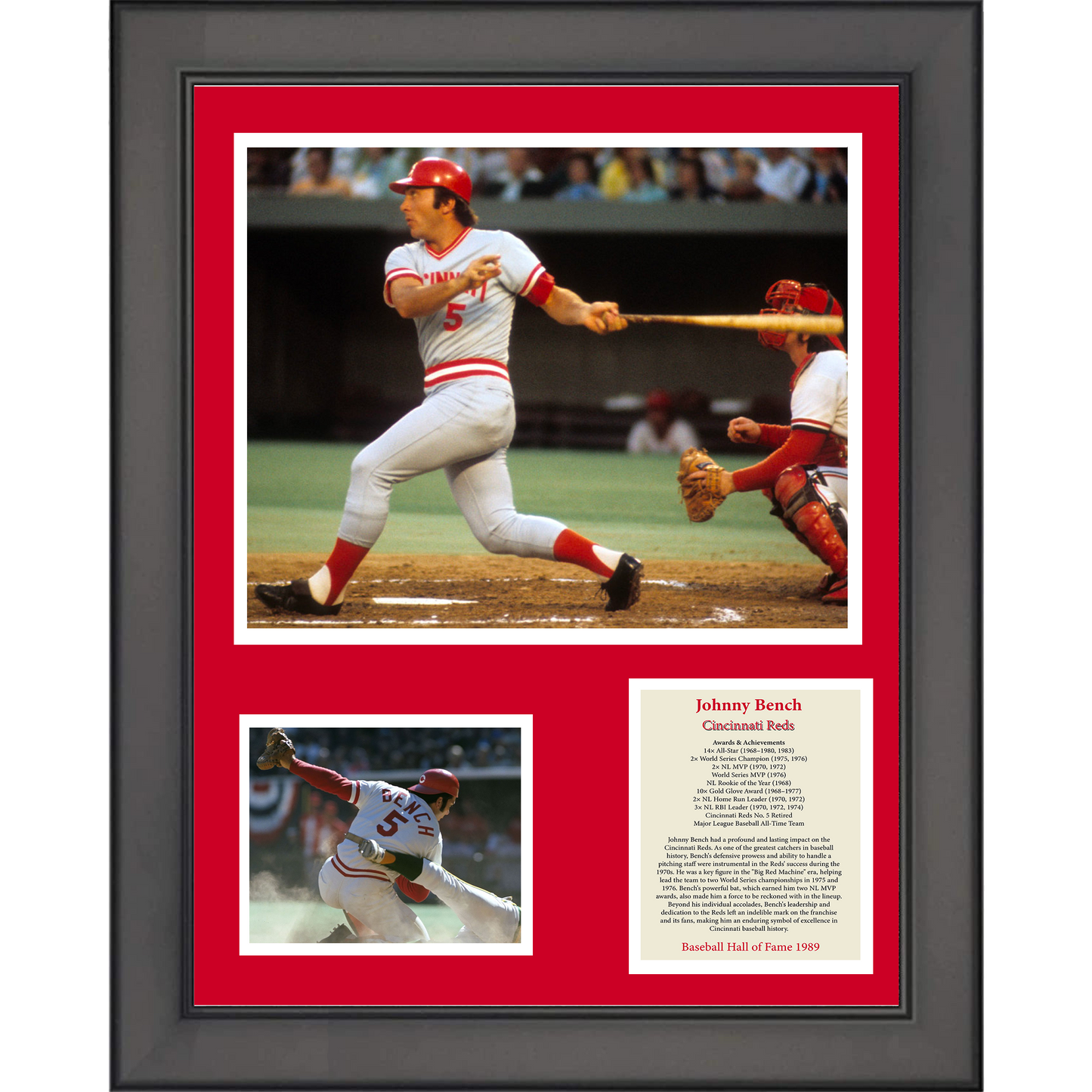 Framed Johnny Bench Hall of Fame 11"x14" Baseball Three Photo Collage