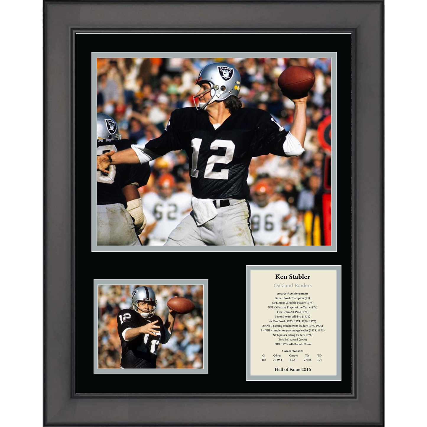 Framed Ken Stabler Hall of Fame Oakland Las Vegas Raiders 11"x14" Football Three Photo Collage