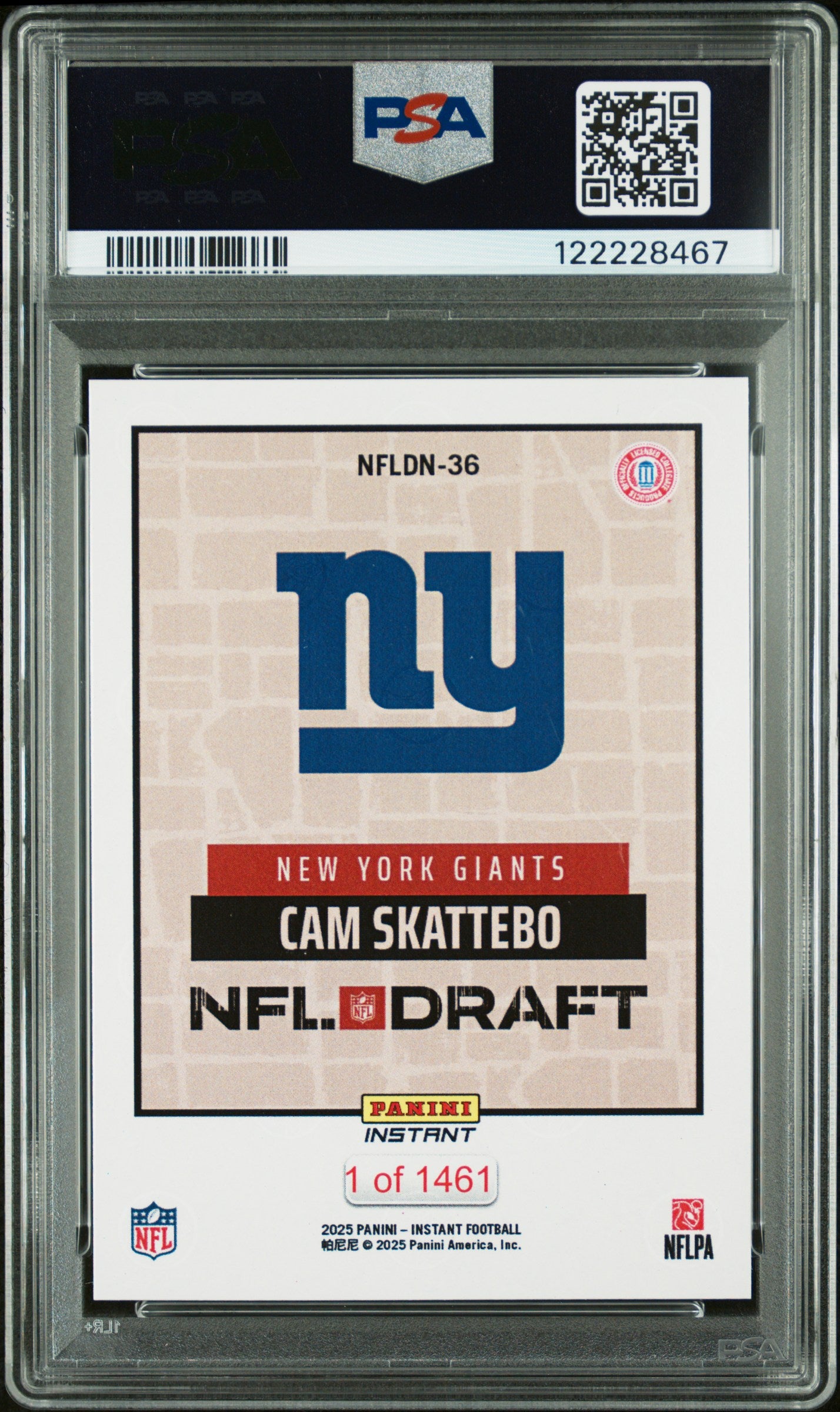 Graded 2025 Panini Instant Cam Skattebo #NFLDN36 NFL Draft Night Rookie RC Football Card PSA 10 Gem Mint
