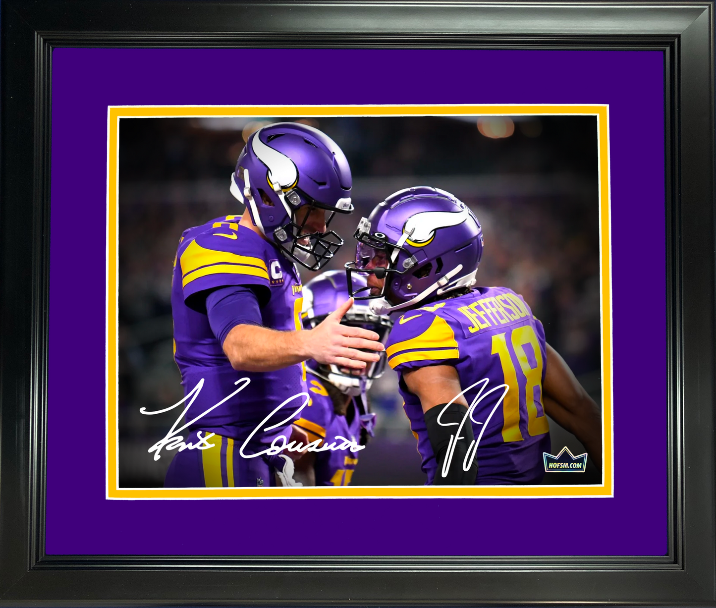 Framed Kirk Cousins & Justin Jefferson Minnesota Vikings Dual Facsimile Laser Engraved Signature Auto 11"x14" Football Photo HOFSM Holo
