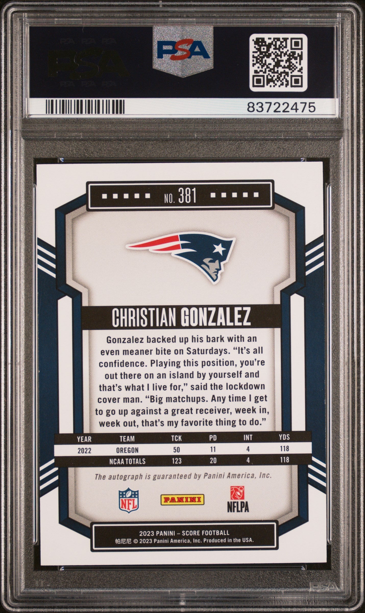 Graded 2023 Panini Score Christian Gonzalez #381 Autograph Rookie RC Football Card PSA 10 Gem Mint