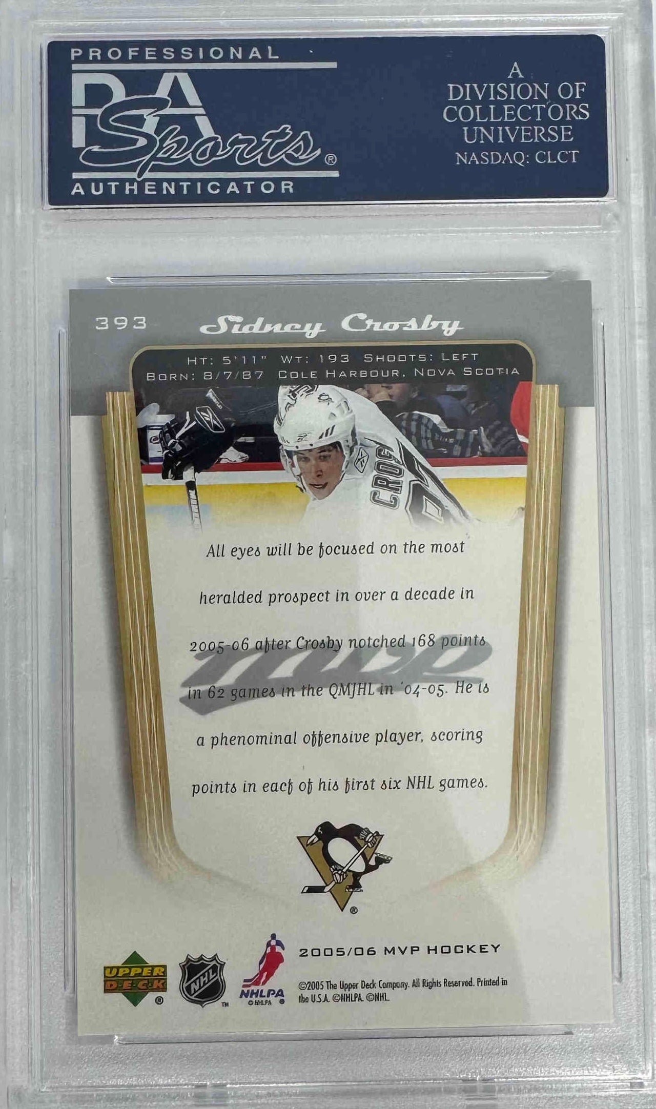 Graded 2005 Upper Deck MVP Sidney Crosby #393 Rookie RC Hockey Card PSA 10 Gem Mint