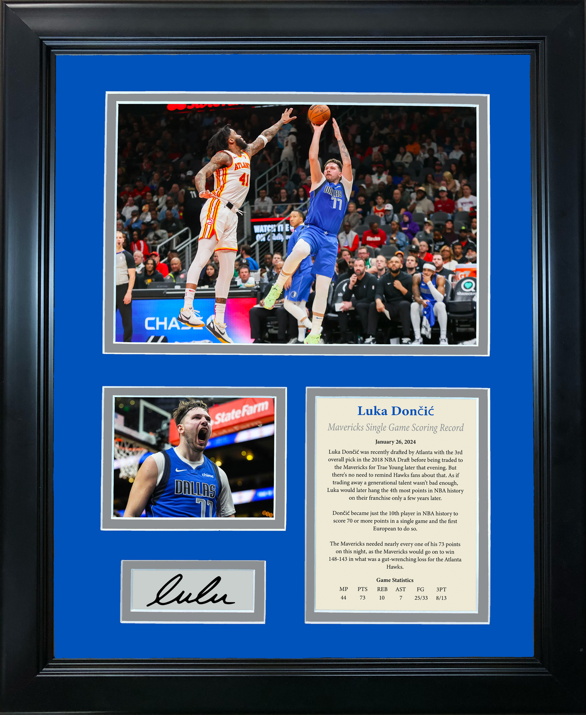 Framed Luka Doncic 73 Point Game Record Facsimile Laser Engraved Signature Auto Basketball 11"x14" Photo Sig Collage