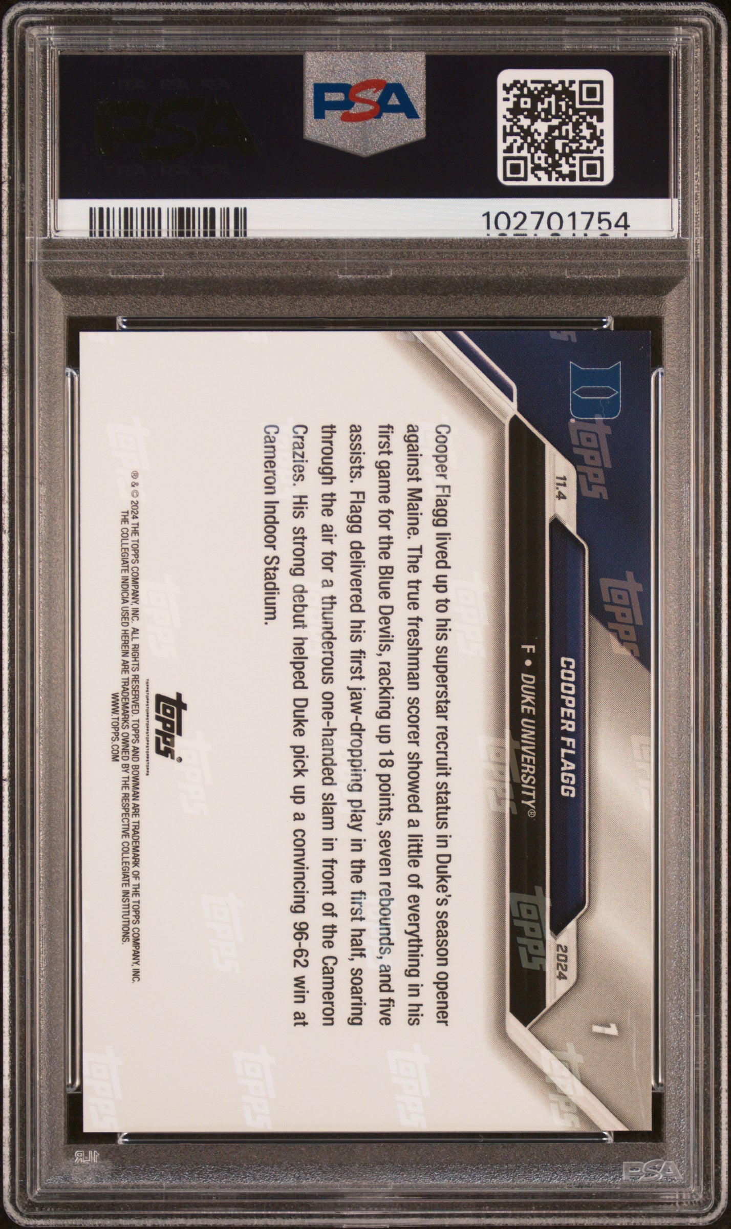Graded 2024 Topps Bowman U Now Cooper Flagg #1 NCAA Debut Rookie RC Basketball Card PSA 8 Near Mint