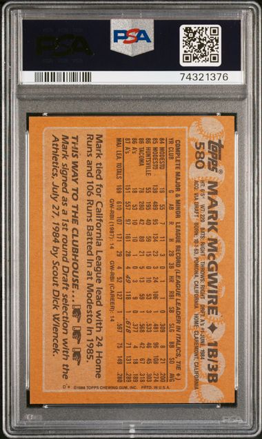 Graded 1988 Topps Mark McGwire #580 2nd Year Rookie Cup Baseball Card PSA 8 NM-MT