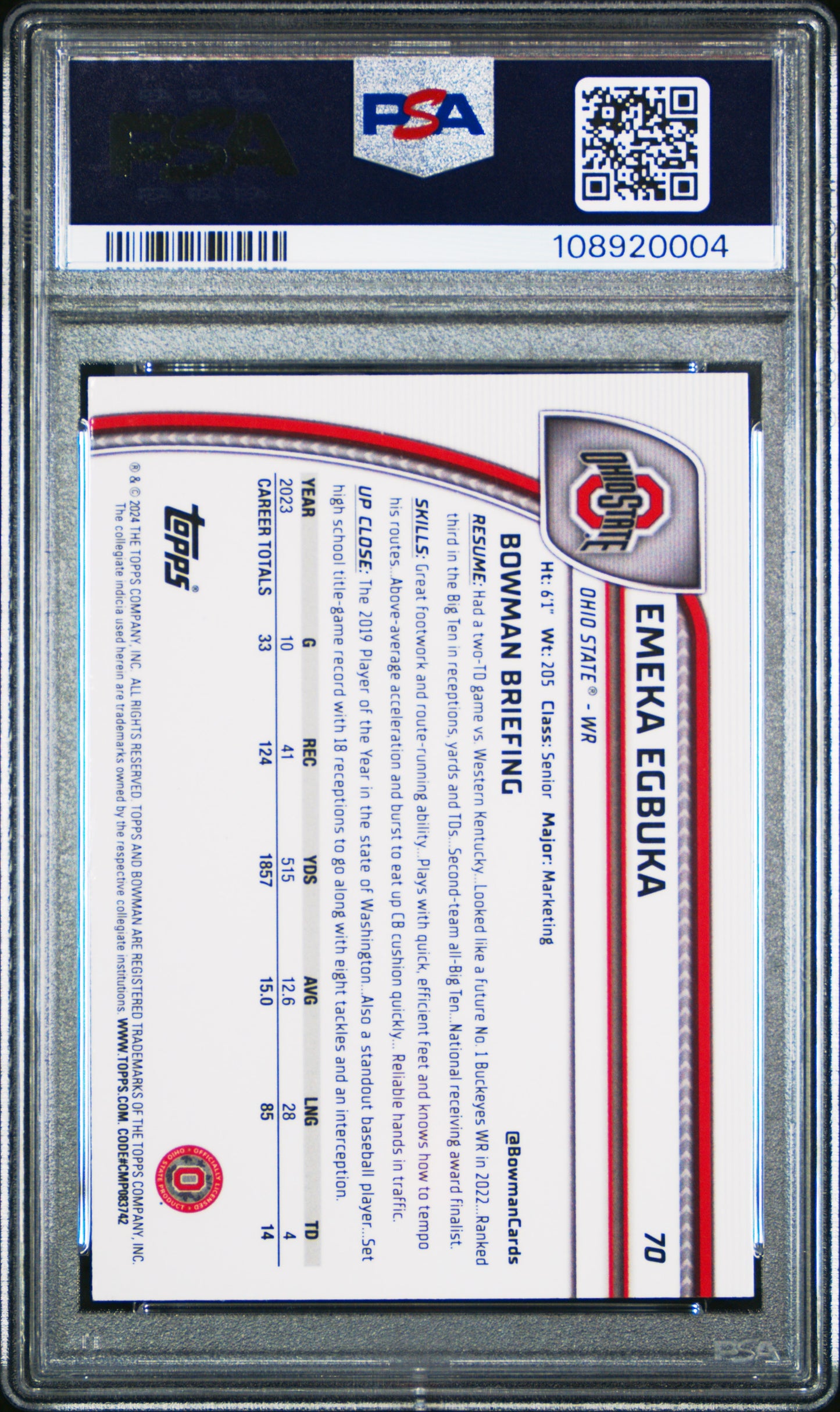 Graded 2024 Topps Bowman U Sapphire Emeka Egbuka #70 Rookie RC Football Card PSA 10 Gem Mint