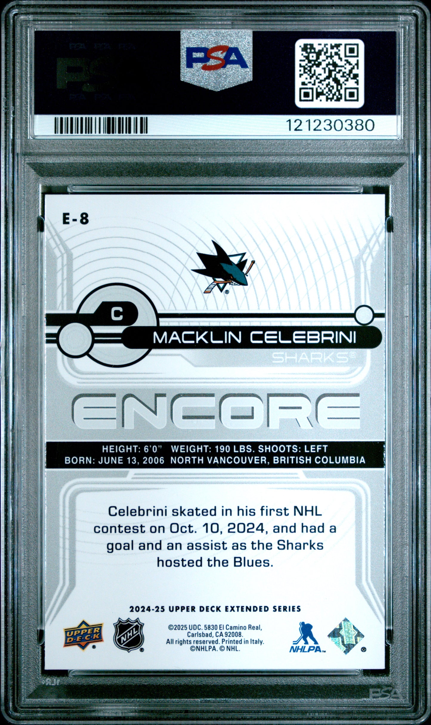 Graded 2024 Upper Deck Macklin Celebrini #E8 Encore Rookie RC Hockey Card PSA 10 Gem Mint