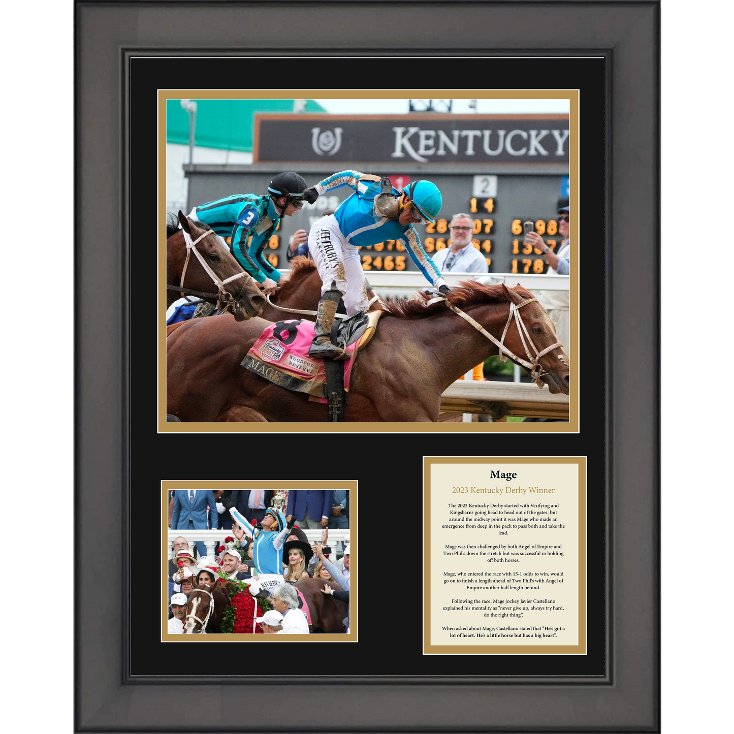 Framed Mage and Javier Castellano 2023 Kentucky Derby Winner 11"x14" Horse Racing Three Photo Collage
