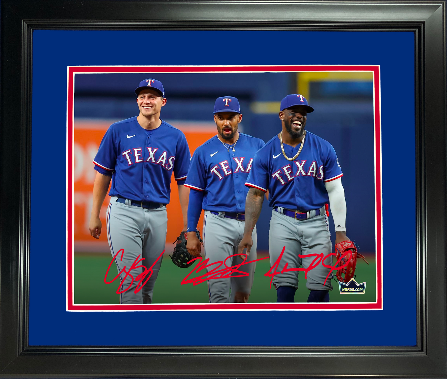 Framed Marcus Semien, Adolis Garcia & Corey Seager Texas Rangers Facsimile Laser Engraved Signature Auto 11"x14" Baseball Photo HOFSM Holo