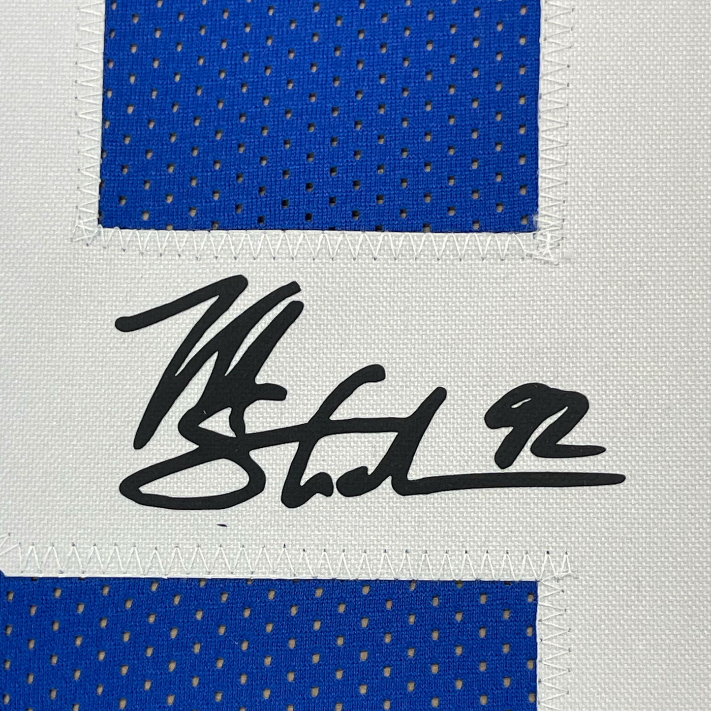 Framed Facsimile Autographed Michael Strahan New 35x39 York Blue Reprint Laser Auto Football Jersey