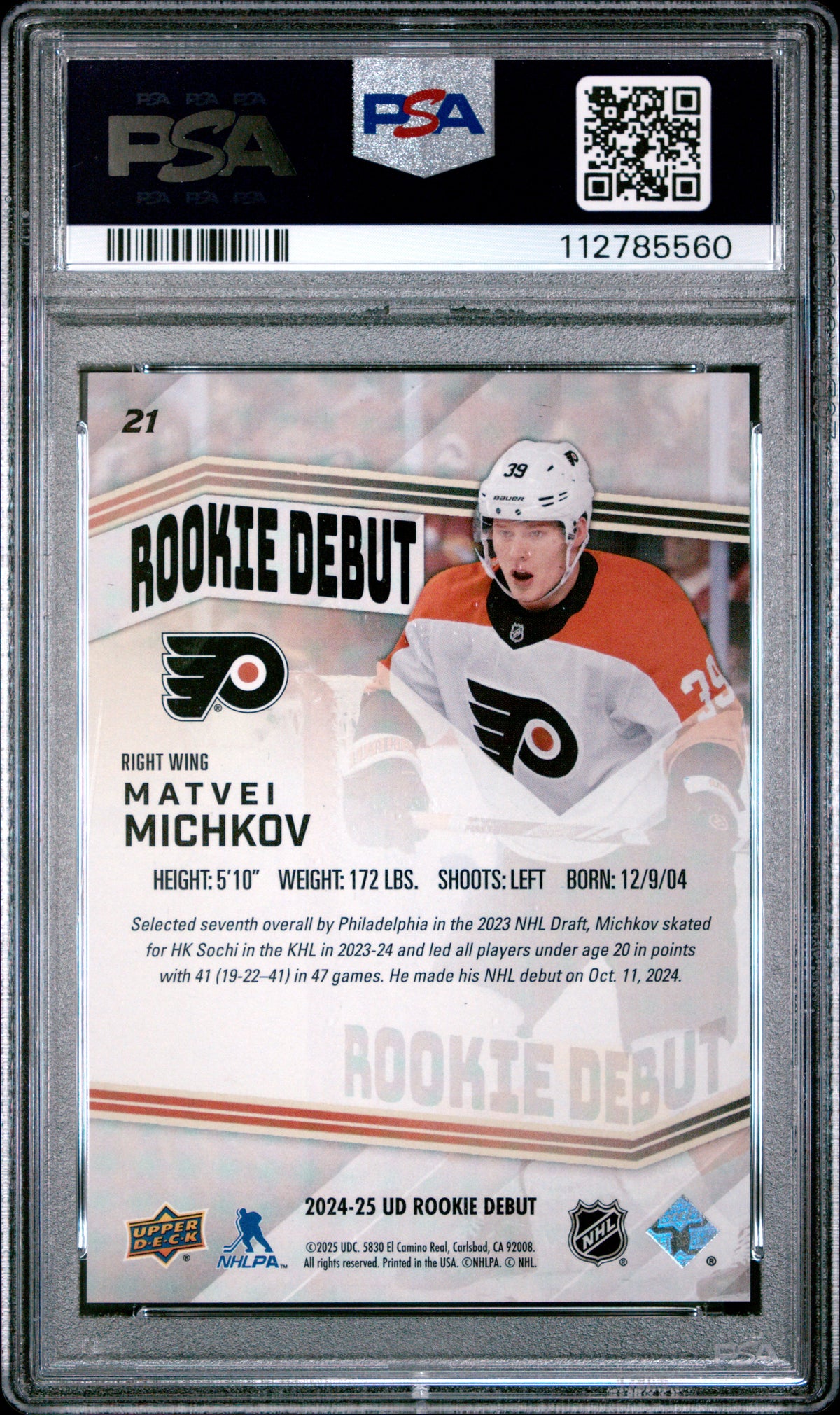 Graded 2024 Upper Deck Rookie Debut Matvei Michkov #21 Rookie RC Hockey Card PSA 10 Gem Mint