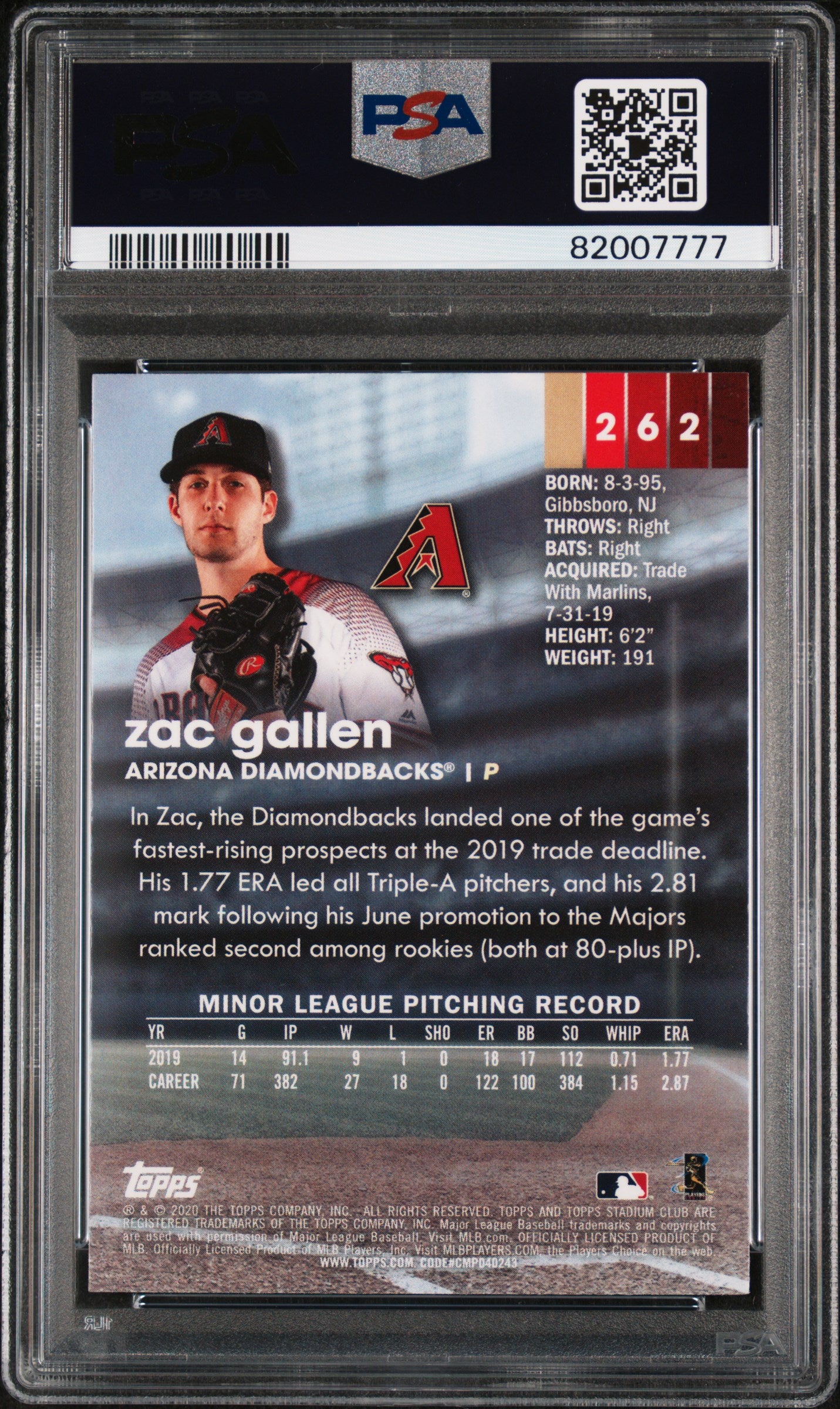 Graded 2020 Topps Stadium Club Zac Gallen #262 Rookie RC Baseball Card PSA 10 Gem Mint