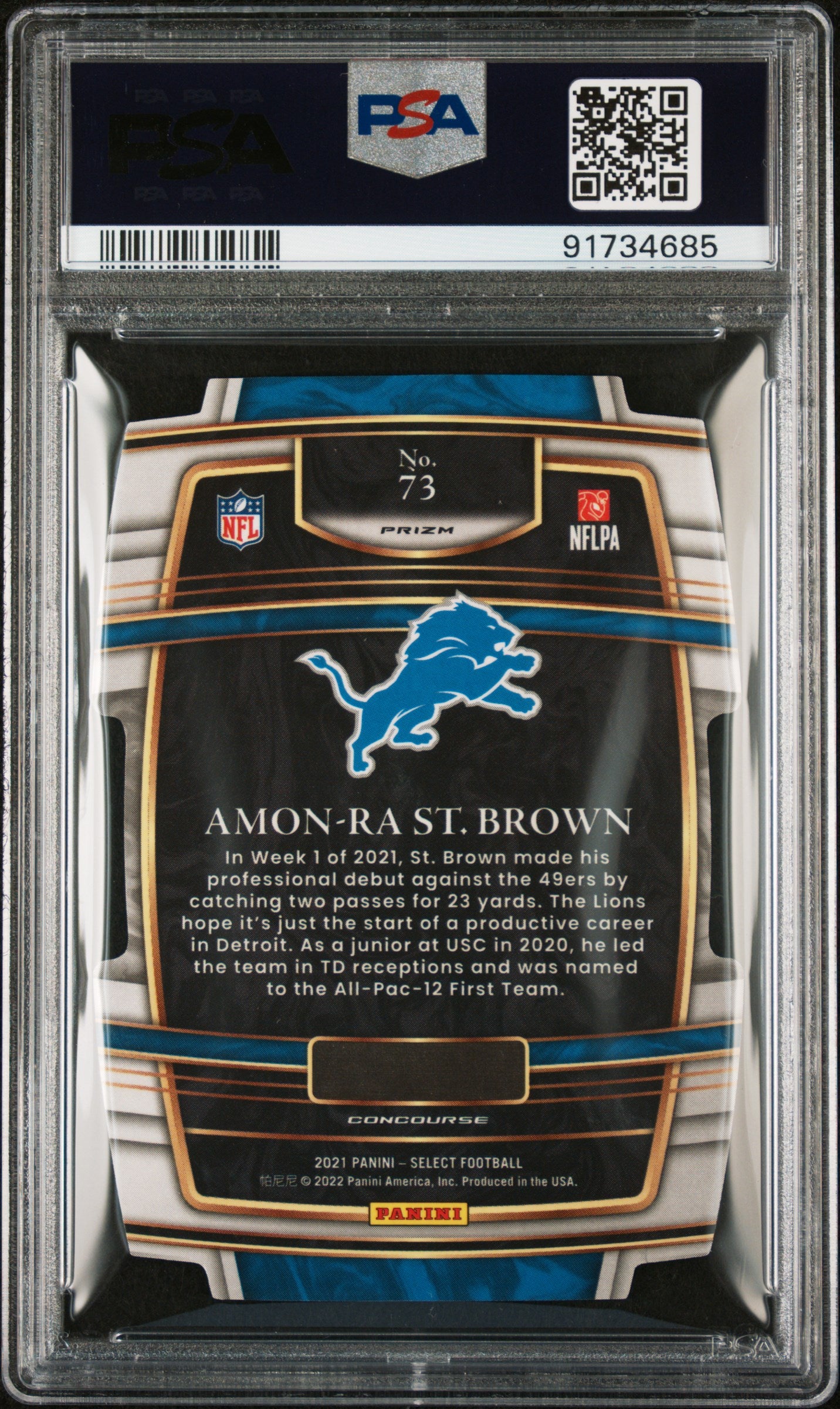 Graded 2021 Panini Select Amon-Ra St. Brown #73 Die Cut Red/Blue Prizm Rookie RC Football Card PSA 10 Gem Mint
