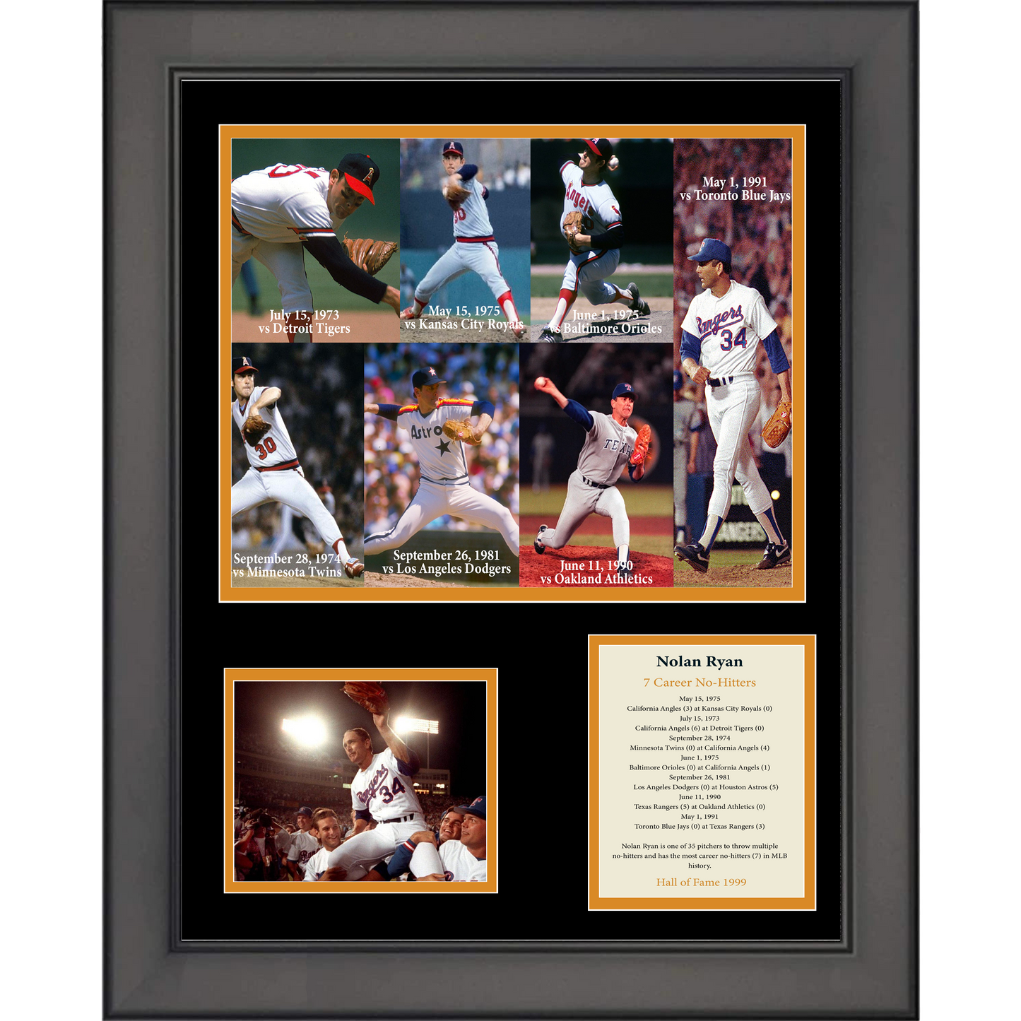 Framed Nolan Ryan 7 Career No-Hitters 11"x14" Baseball Three Photo Collage