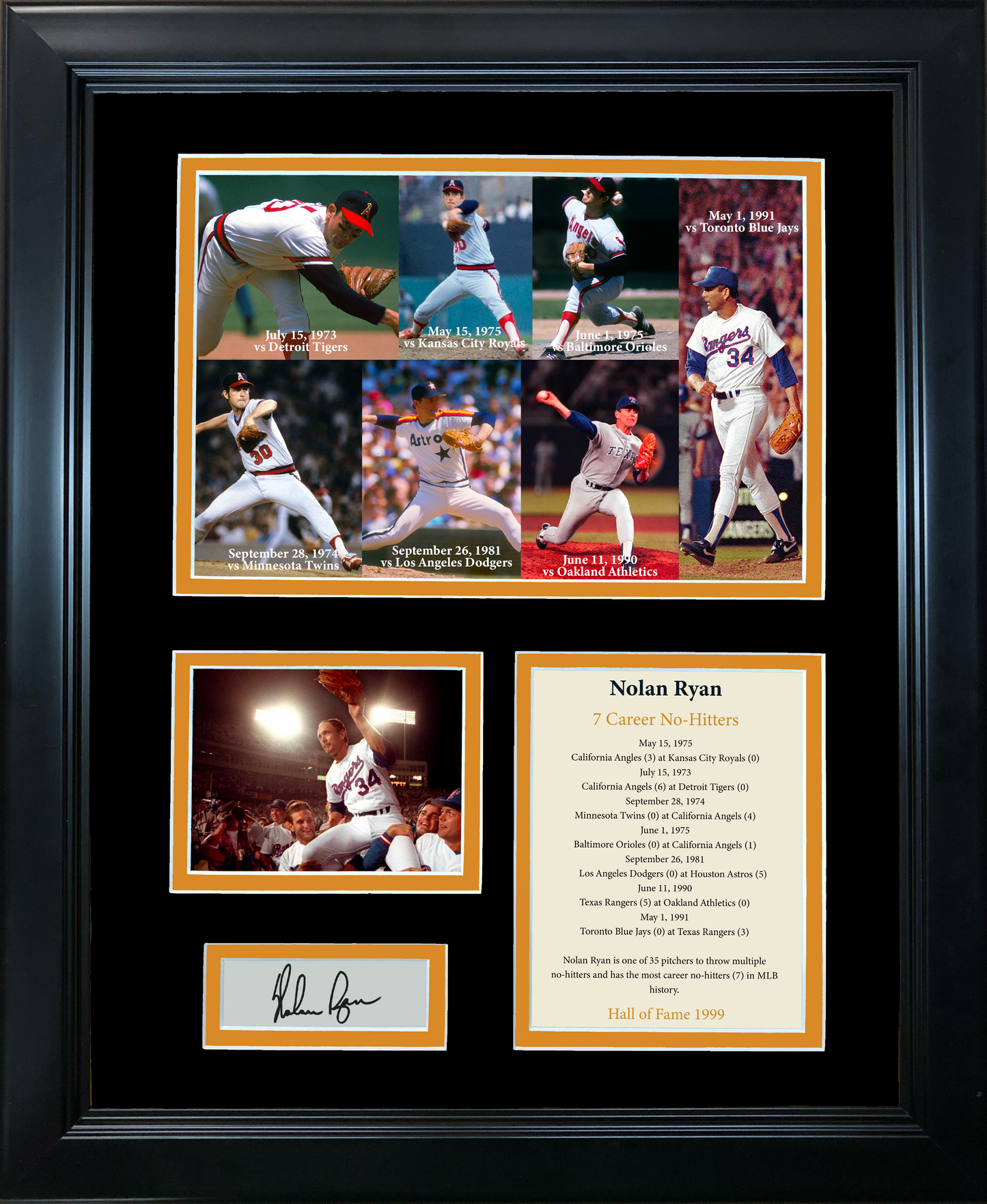 Framed Nolan Ryan 7 Career No-Hitters Facsimile Laser Engraved Signature Auto 11"x14" Baseball Photo Sig Collage