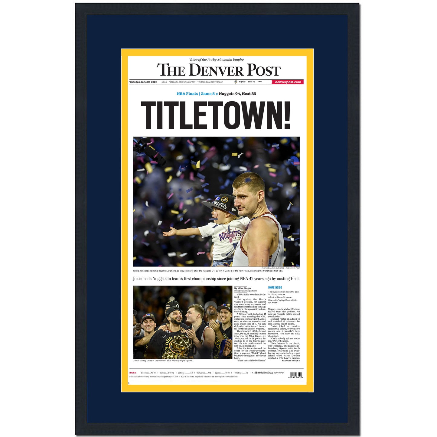 Framed Denver Post Nuggets 2023 NBA Champions 14x24 Basketball Newspaper Cover Photo Professionally Matted V1