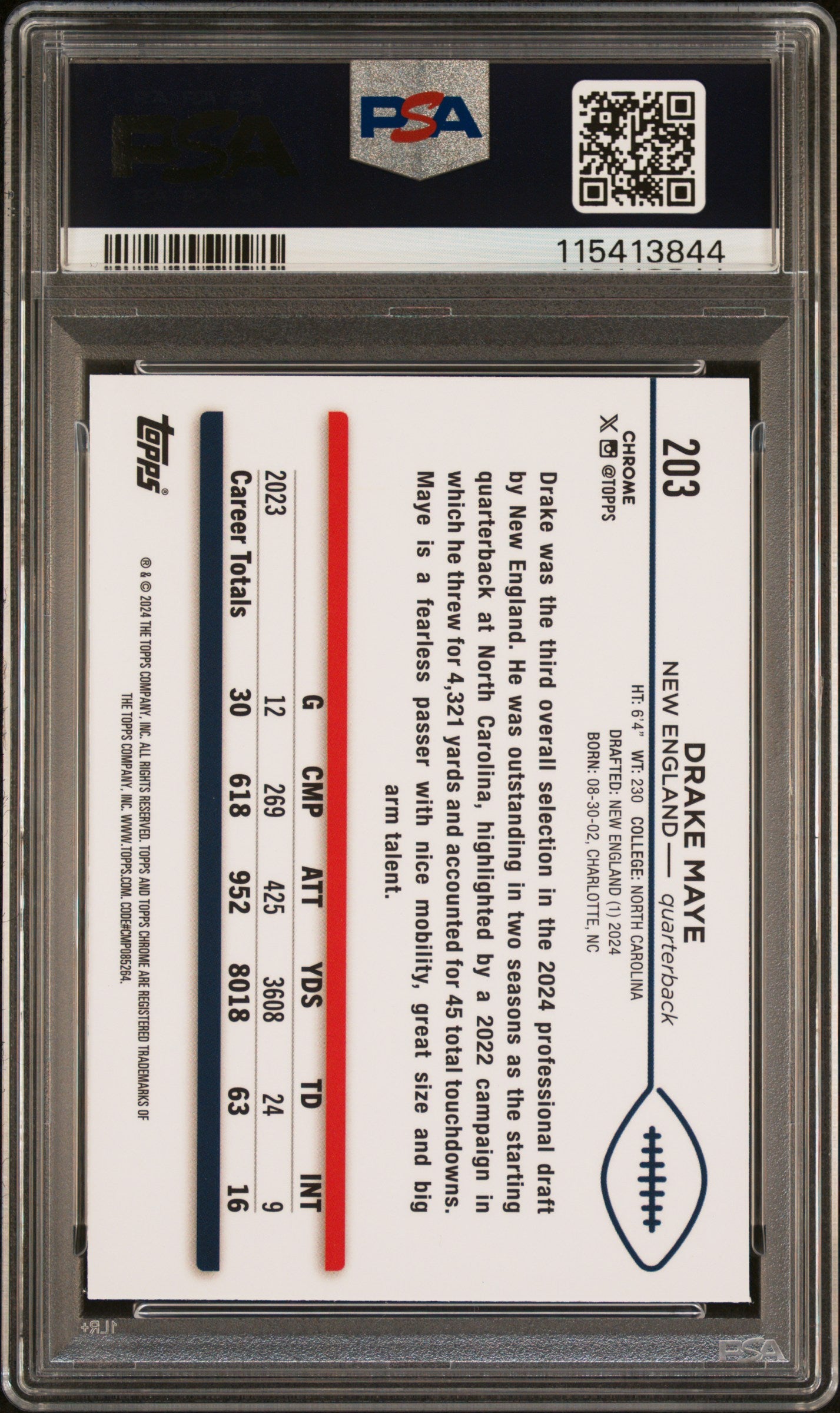 Graded 2024 Topps Chrome Drake Maye #203 Rookie RC Football Card PSA 9 Mint