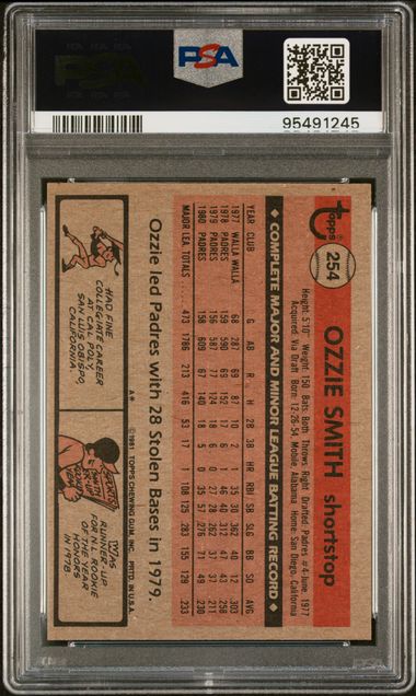 Graded 1981 Topps Ozzie Smith #254 Baseball Card PSA 8 NM-MT