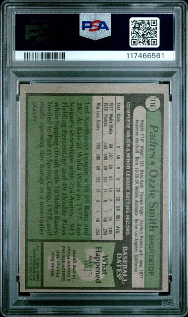 Graded 1979 Topps Ozzie Smith #116 Rookie RC Baseball Card PSA 8 Near Mint-Mint