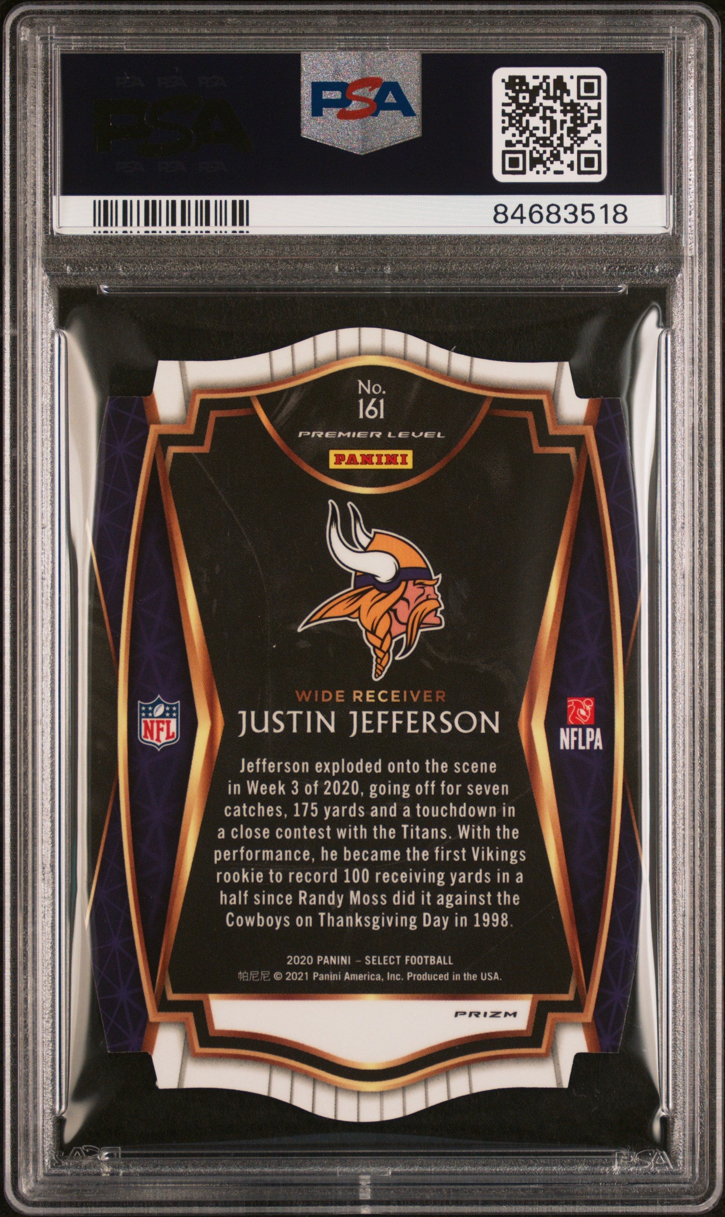 Graded 2020 Panini Select Justin Jefferson #161 Die Cut White Prizm Rookie RC Football Card PSA 10 Gem Mint