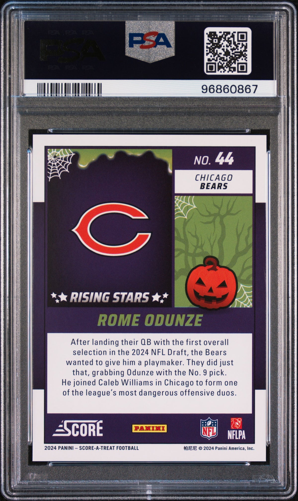 Graded 2024 Panini Score-A-Treat Rome Odunze #44 Rising Stars Bats Rookie RC Football Card PSA 10 Gem Mint