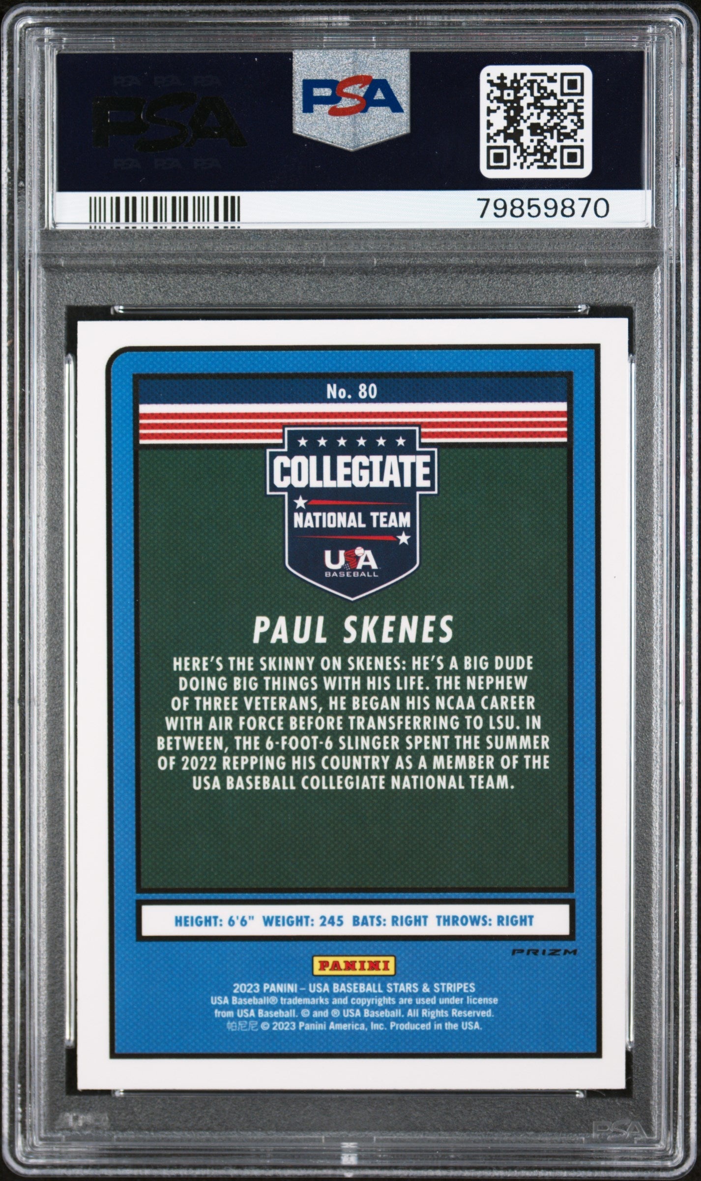 Graded 2023 Panini Stars & Stripes USA Paul Skenes #80 Stripes Rookie RC Baseball Card PSA 10 Gem Mint