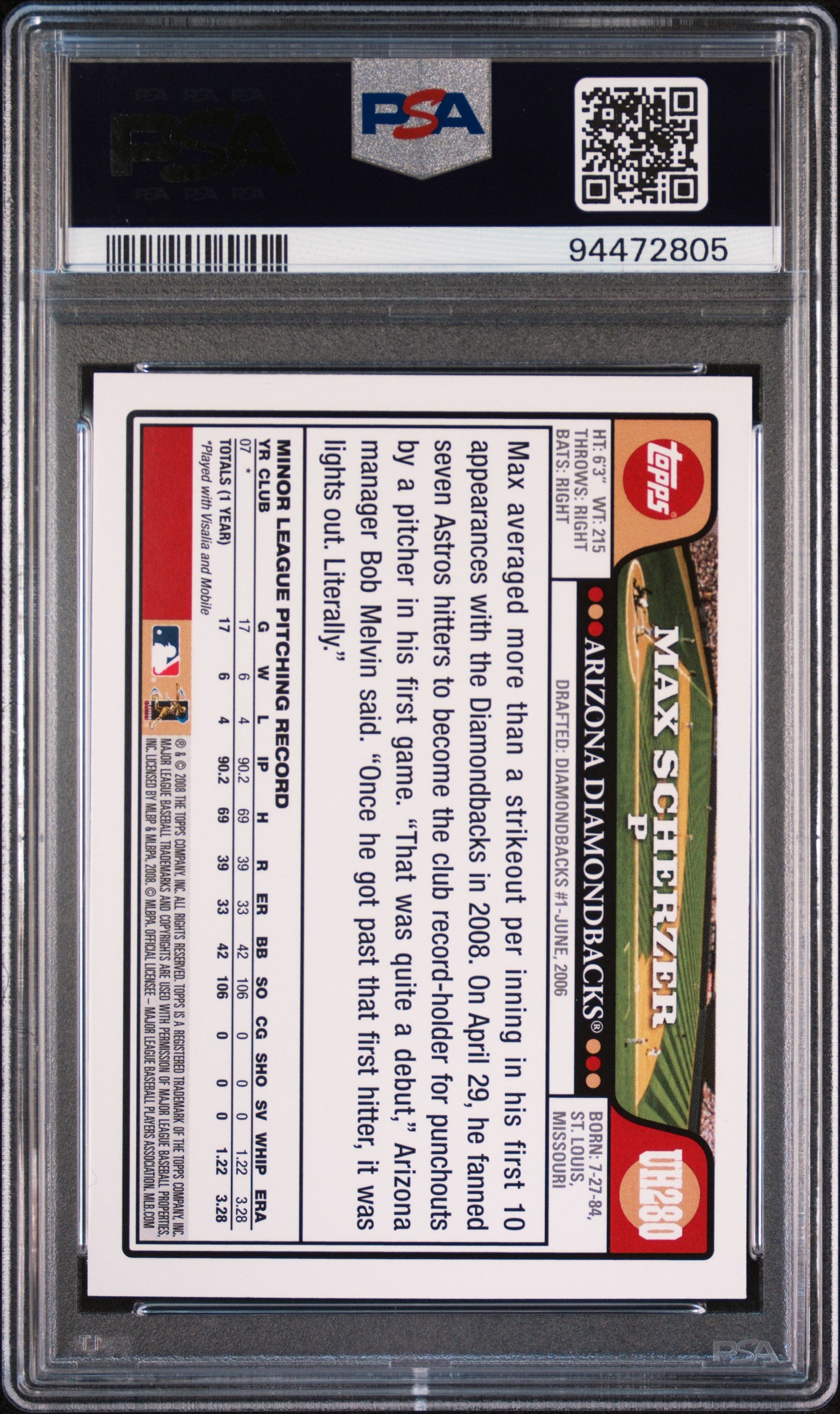 Graded 2008 Topps Update & Highlights Max Scherzer #UH280 Rookie RC Baseball Card PSA 10 Mint