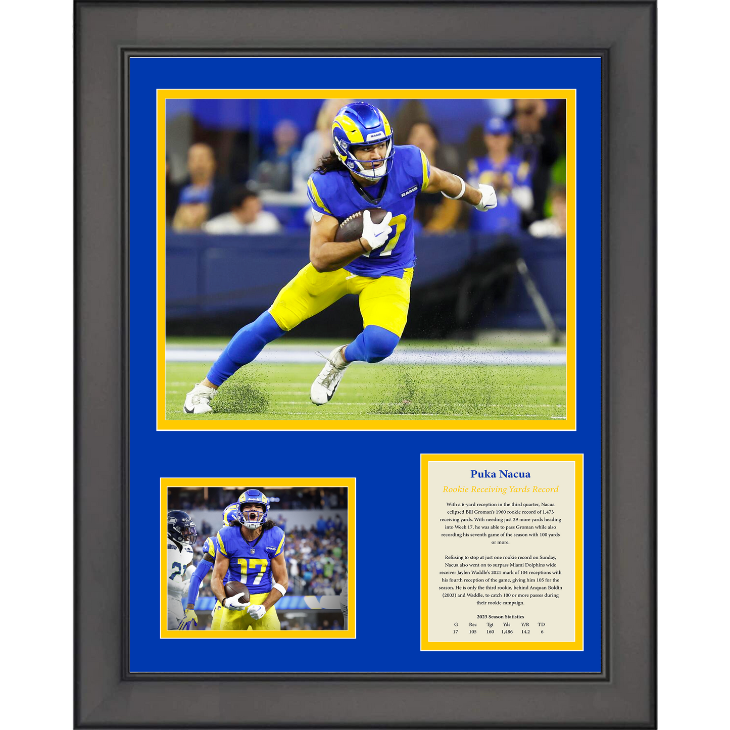 Framed Puka Nacua Rookie Receiving Yards Record Los Angeles Rams 11"x14"Three Photo Collage