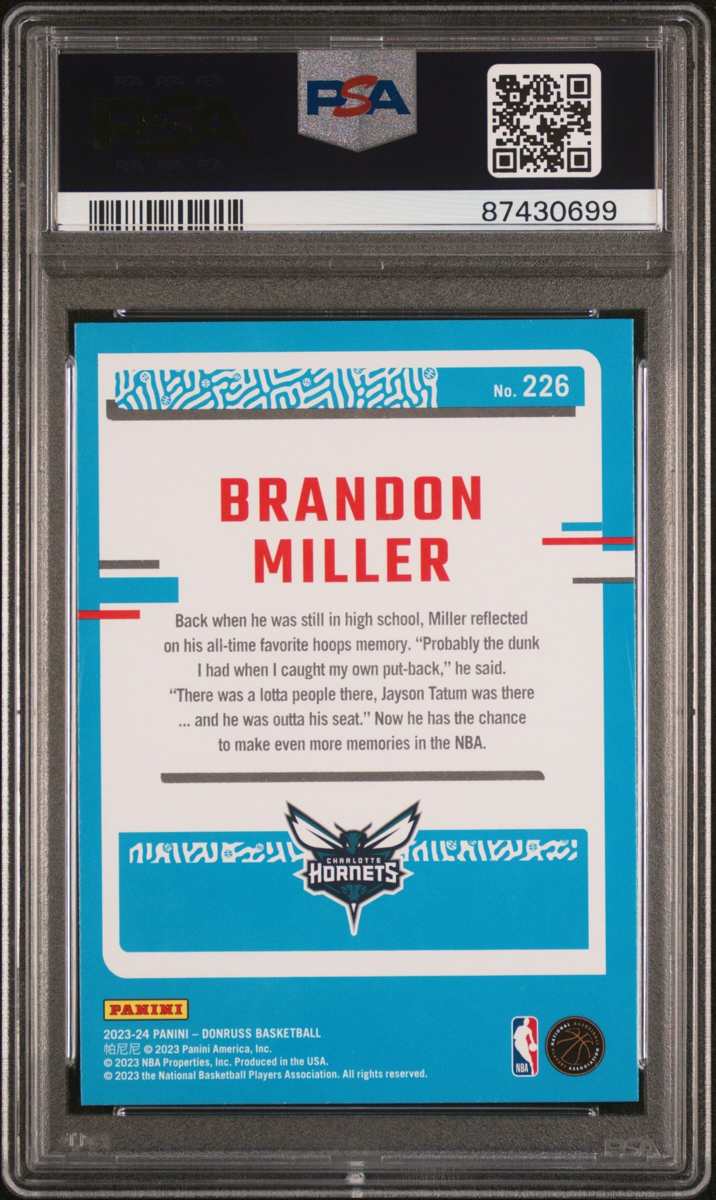 Graded 2023 Panini Donruss Brandon Miller #226 Rookie RC Basketball Card PSA 10 Gem Mint