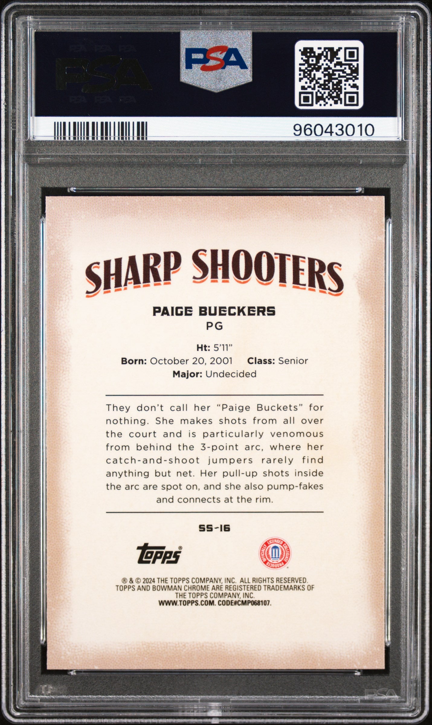 Graded 2023 Topps Bowman U Chrome Paige Bueckers #SS16 Sharp Shooters Rookie RC Basketball Card PSA 10 Gem Mint
