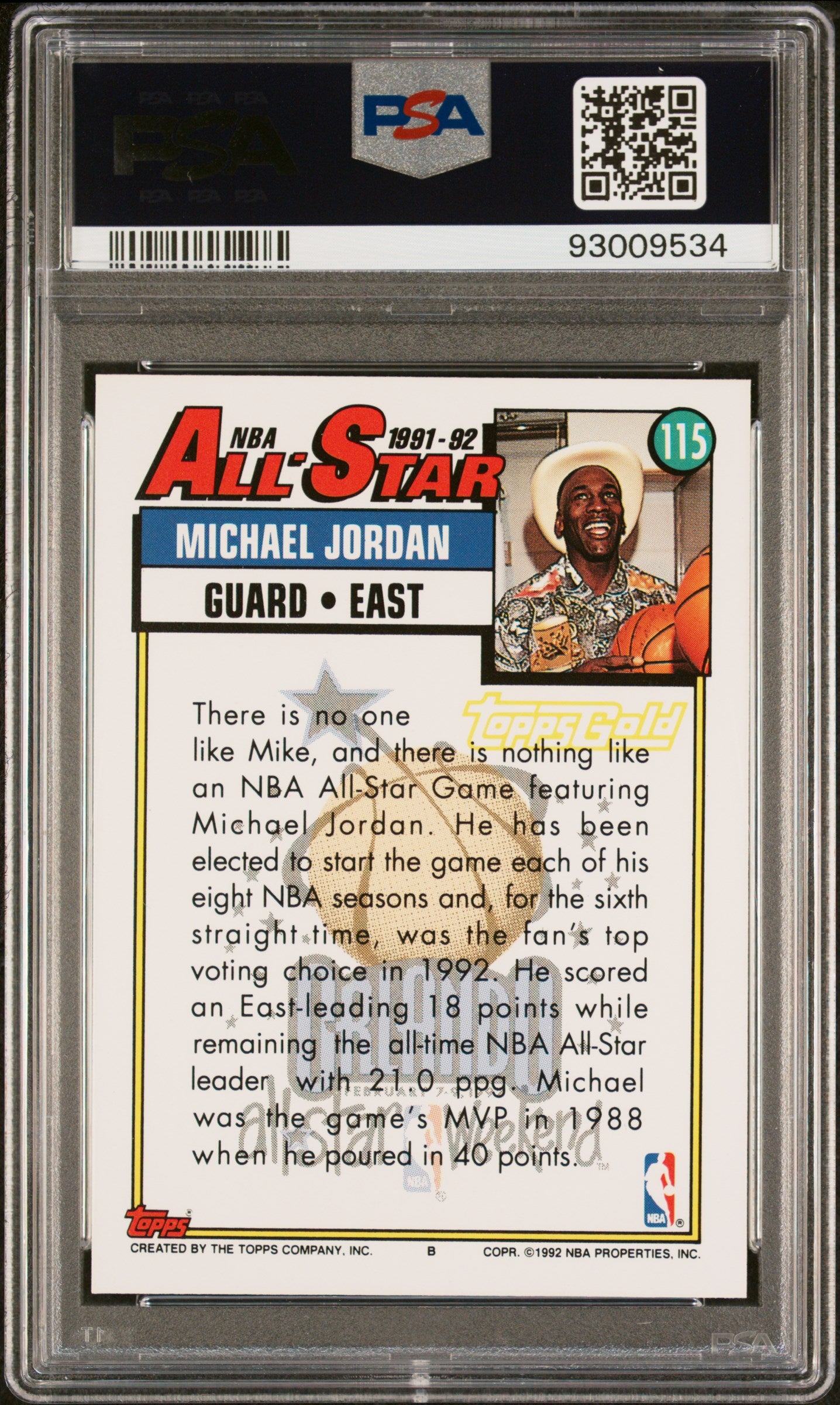 Graded 1992 Topps Gold Michael Jordan #115 Basketball Card PSA 9 Mint