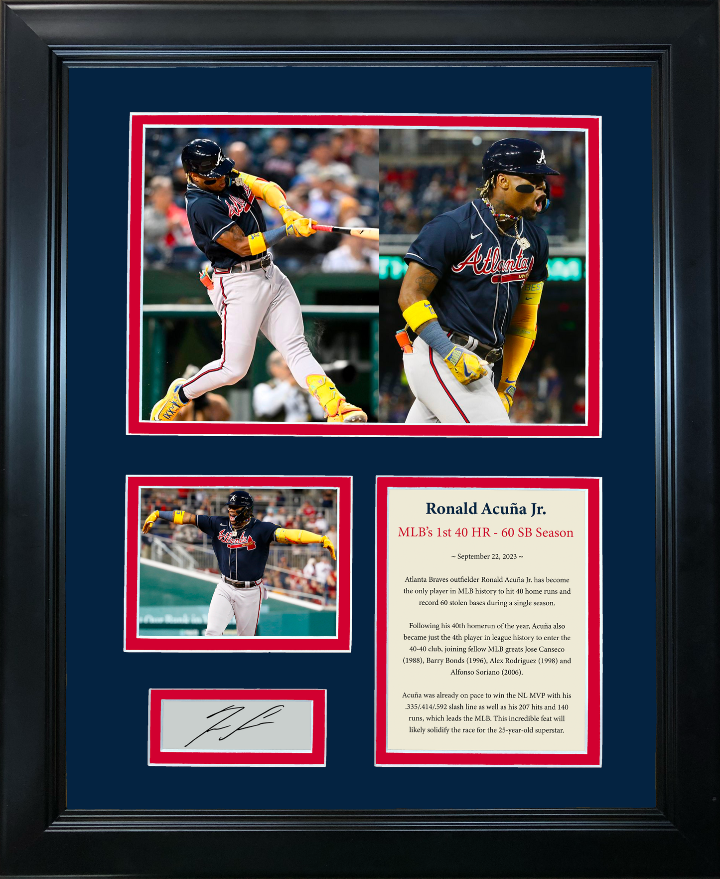 Framed Ronald Acuna Jr. MLB's First 40-60 Season Facsimile Laser Engraved Signature Auto Atlanta Braves Baseball 11"x14"Photo Sig Collage
