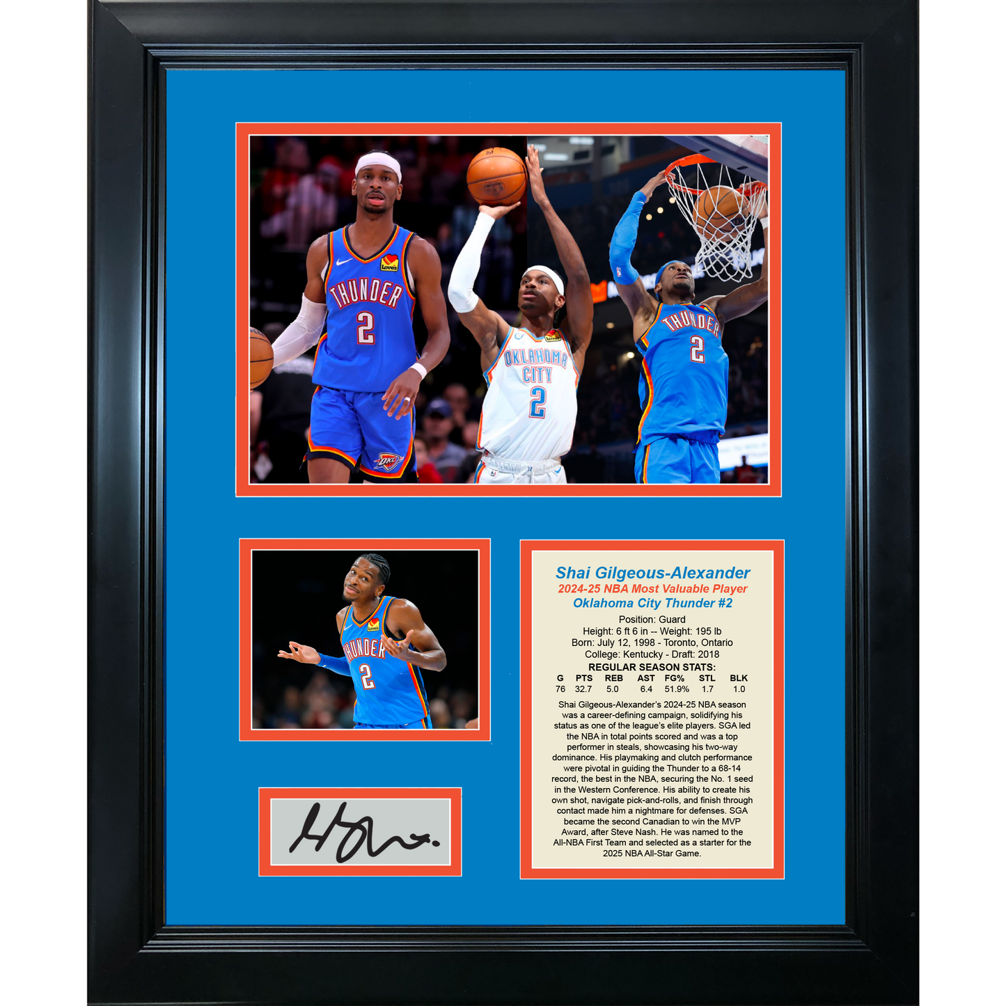 Framed Shai Gilgeous-Alexander SGA 2024-2025 NBA MVP Most Valuable Player Facsimile Laser Engraved Signature Auto Oklahoma City Thunder Basketball 11"x14" Photo Sig Collage