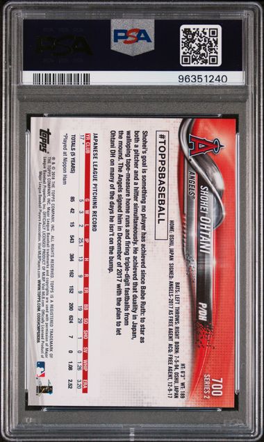 Graded 2018 Topps Shohei Ohtani #700 Pitching Rookie RC Baseball Card PSA 9 Mint