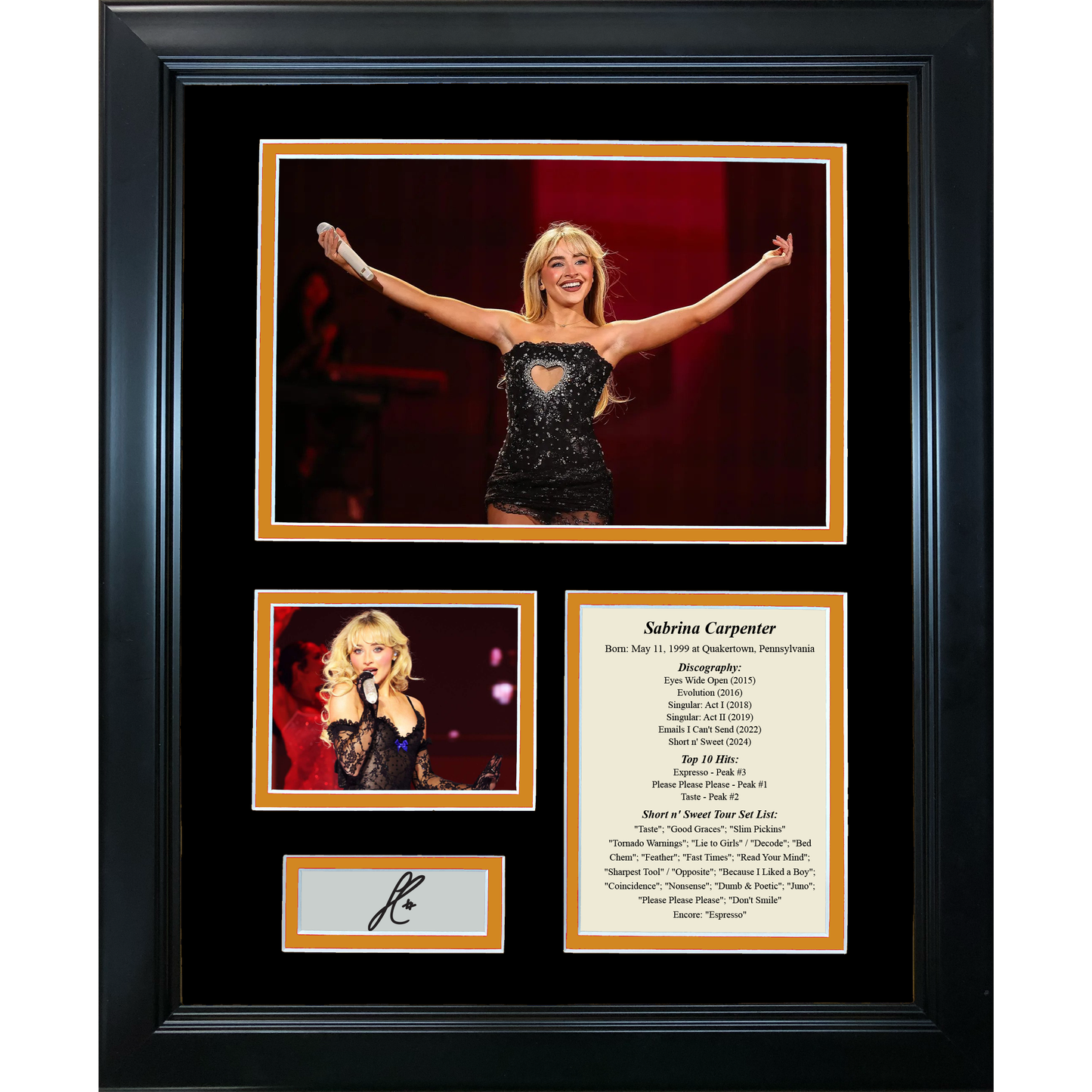 Framed Sabrina Carpenter Short n' Sweet Tour Discography Facsimile Laser Engraved Signature Auto 11"x14" Music Photo Sig Collage