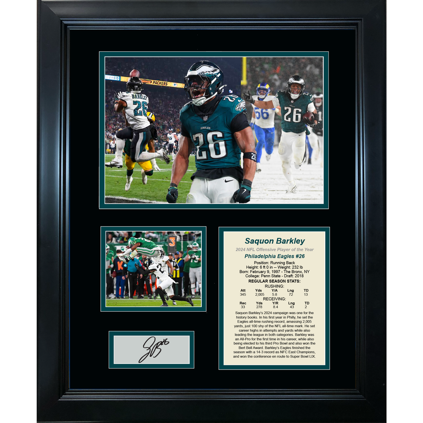 Framed Saquon Barkley 2024 NFL Offensive Player of the Year Philadelphia Eagles Facsimile Laser Engraved Signature Auto Football 11"x14" Photo Sig Collage