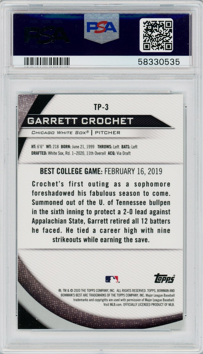 Graded 2020 Topps Bowmans Best Garrett Crochet #TP3 Top Prospects Atomic Refractor Rookie RC Baseball Card PSA 10 Gem Mint