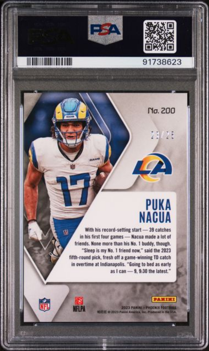 Graded 2023 Panini Phoenix Puka Nacua #200 Green /25 Rookie RC Football Card PSA 10 Gem Mint