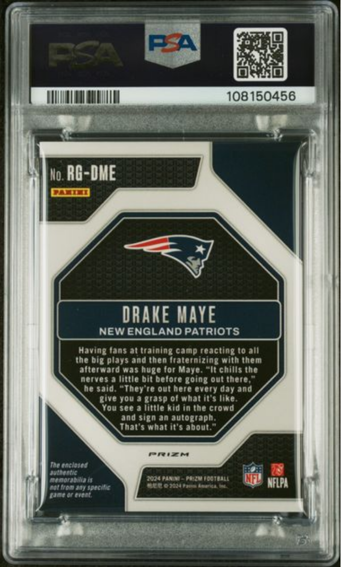 Graded 2024 Panini Prizm Drake Maye #RGDME Rookie Gear Neon Green Pulsar Rookie RC Football Card PSA 10 Gem Mint