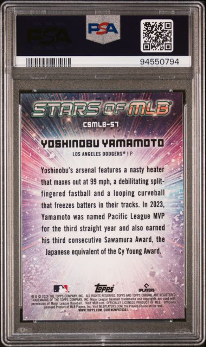 Graded 2024 Topps Yoshinobu Yamamoto #CSMLB57 Stars of MLB Chrome Rookie RC Baseball Card PSA 10 Gem Mint
