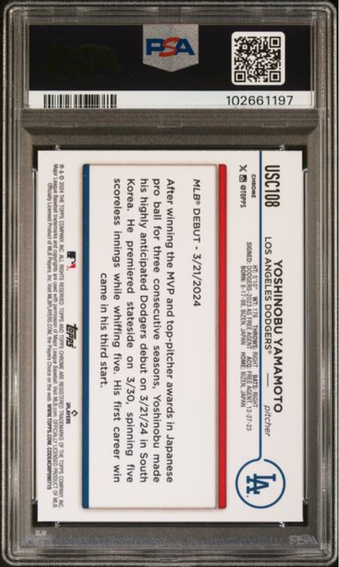 Graded 2024 Topps Chrome Update Yoshinobu Yamamoto #USC108 XFractor Rookie RC Baseball Card PSA 10 Gem Mint