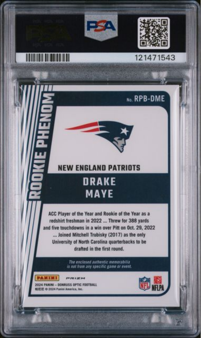 Graded 2024 Panini Donruss Optic Drake Maye #RPBDME Rookie Phenoms Relic Rookie RC Football Card PSA 10 Gem Mint