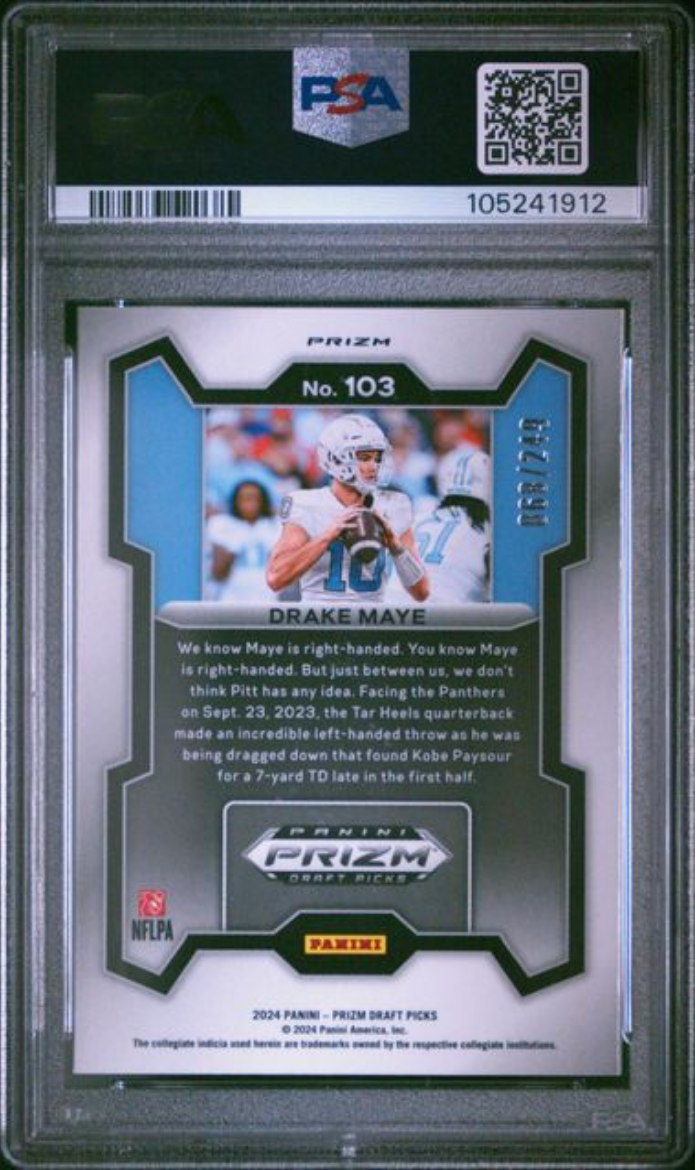 Graded 2024 Panini Prizm Draft Picks Drake Maye #103 Blue Wave /249 Rookie RC Football Card PSA 10 Gem Mint