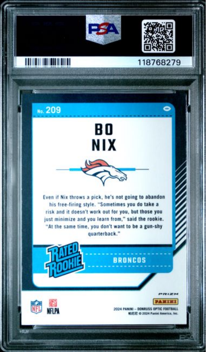 Graded 2024 Panini Donruss Optic Bo Nix #209 Purple Scope Rookie RC Football Card PSA 10 Gem Mint