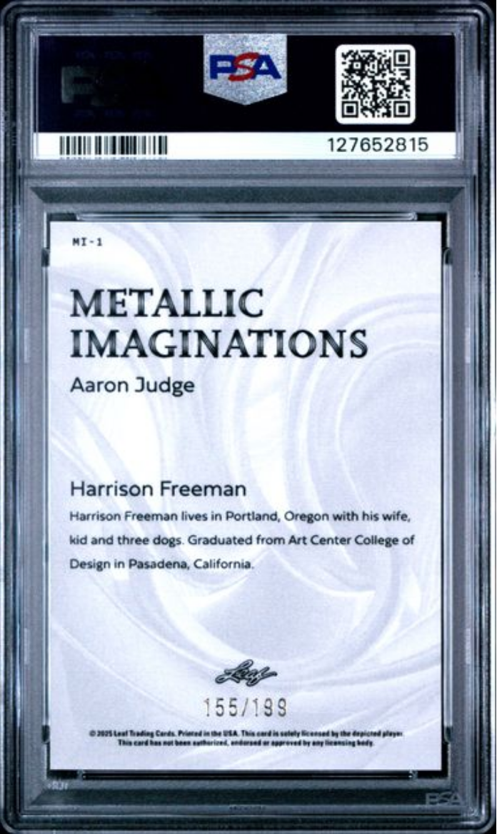 Graded 2025 Leaf Aaron Judge #MI1 Metallic Imaginations Series 2 Red /199 Baseball Card PSA 9 Mint